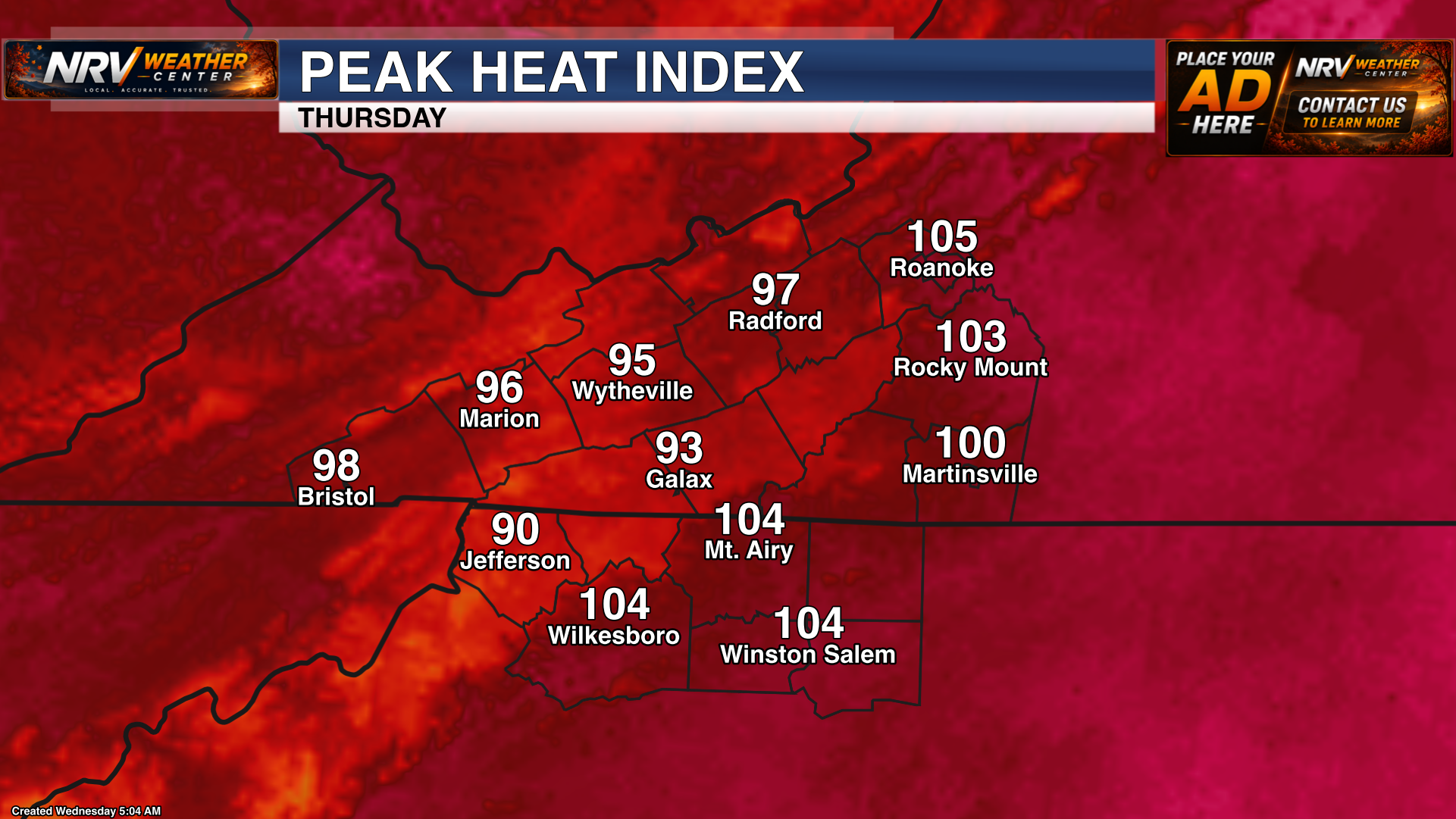 Forecast graphic highlighting dangerous heat and upcoming severe storm chances across the region.